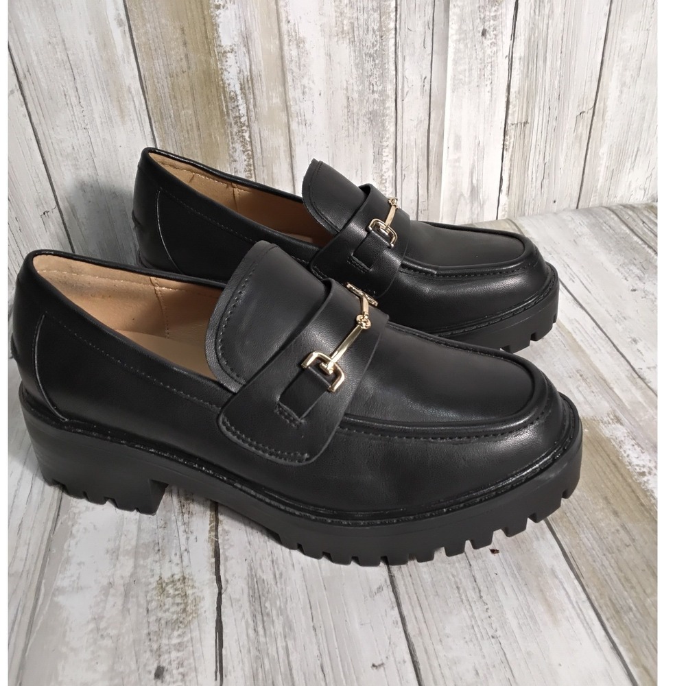 ZBY Black Leather Lug Sole Loafers Women's Size 5 Chunky Platform Horsebit shoe